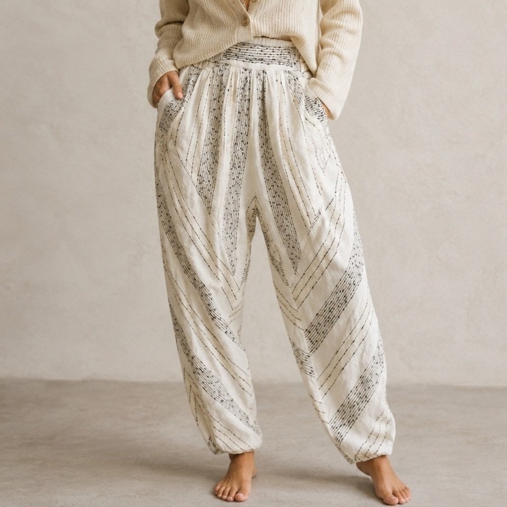 Free People Pants Womens S White Stripe Harem Tapered Elastic Waist Boho Lounge